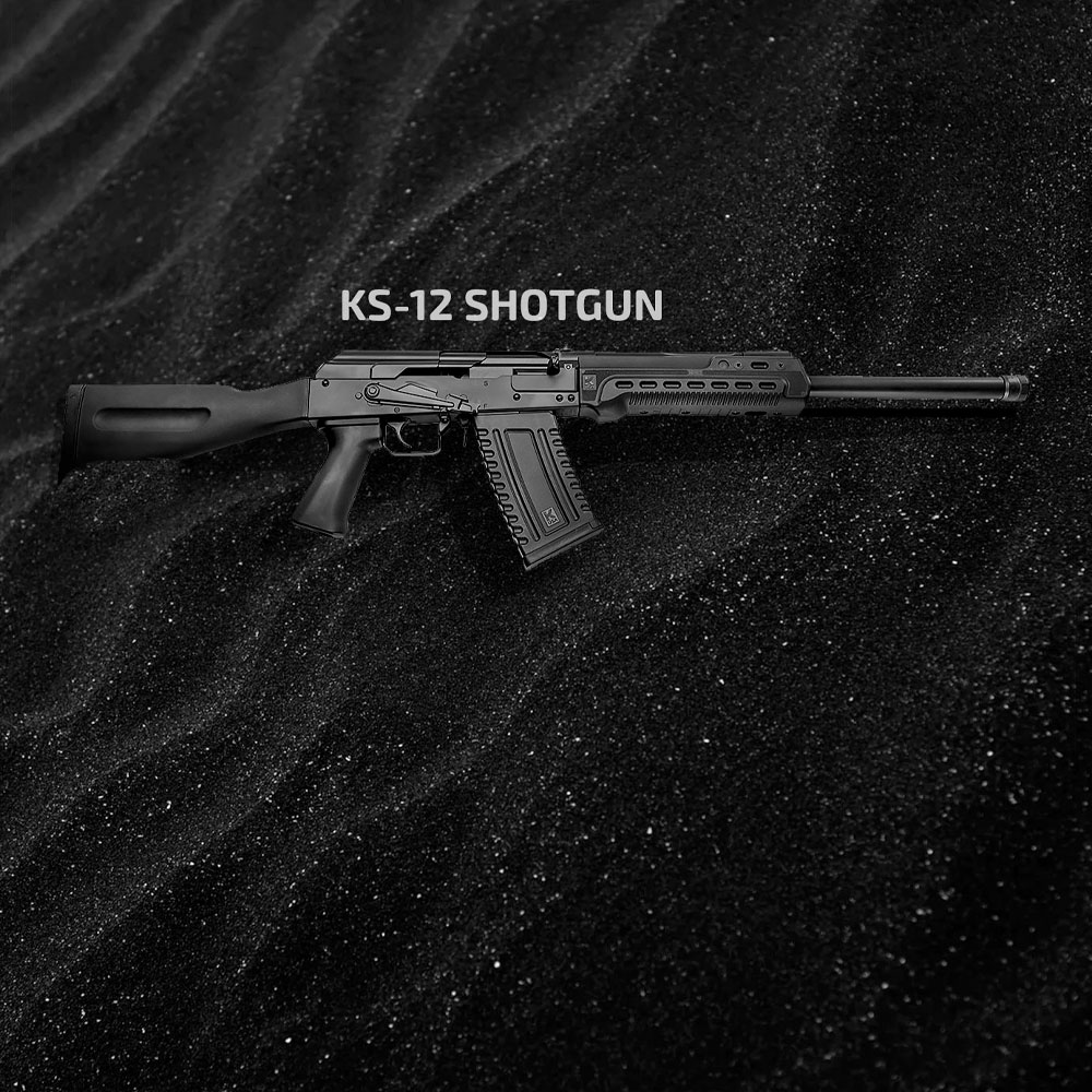 Kalashnikov USA KS-12 12GA Shotgun in black sand background