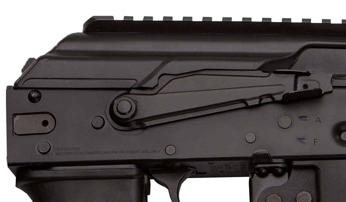 Close-up of Kalashnikov KP-9 with military, government, and law enforcement use only engraving.